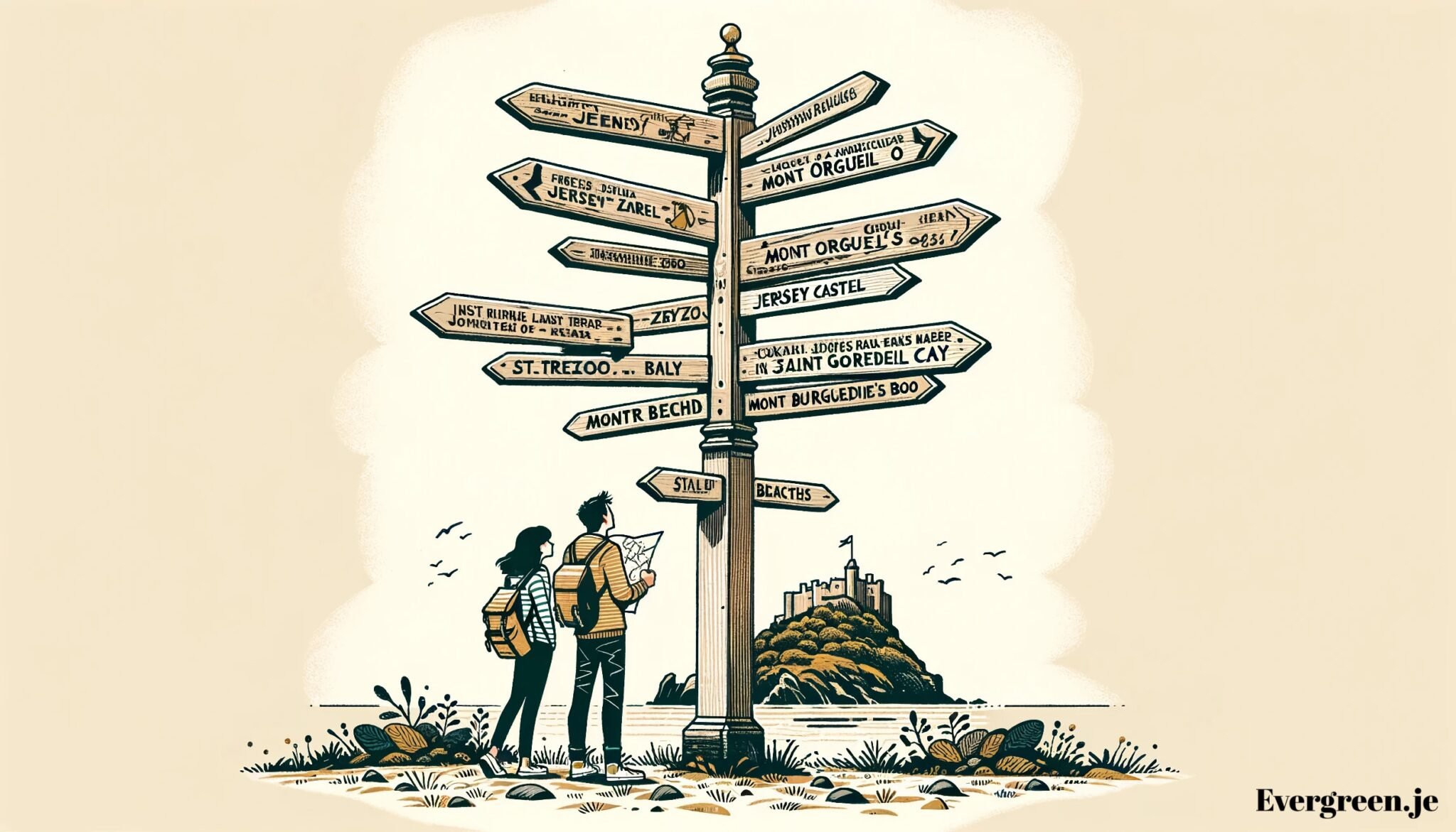 Content marketing strategy search engine optimisation SEO - illustration of two people standing at a signpost pointing to many different Jersey destinations Evergreen Je
