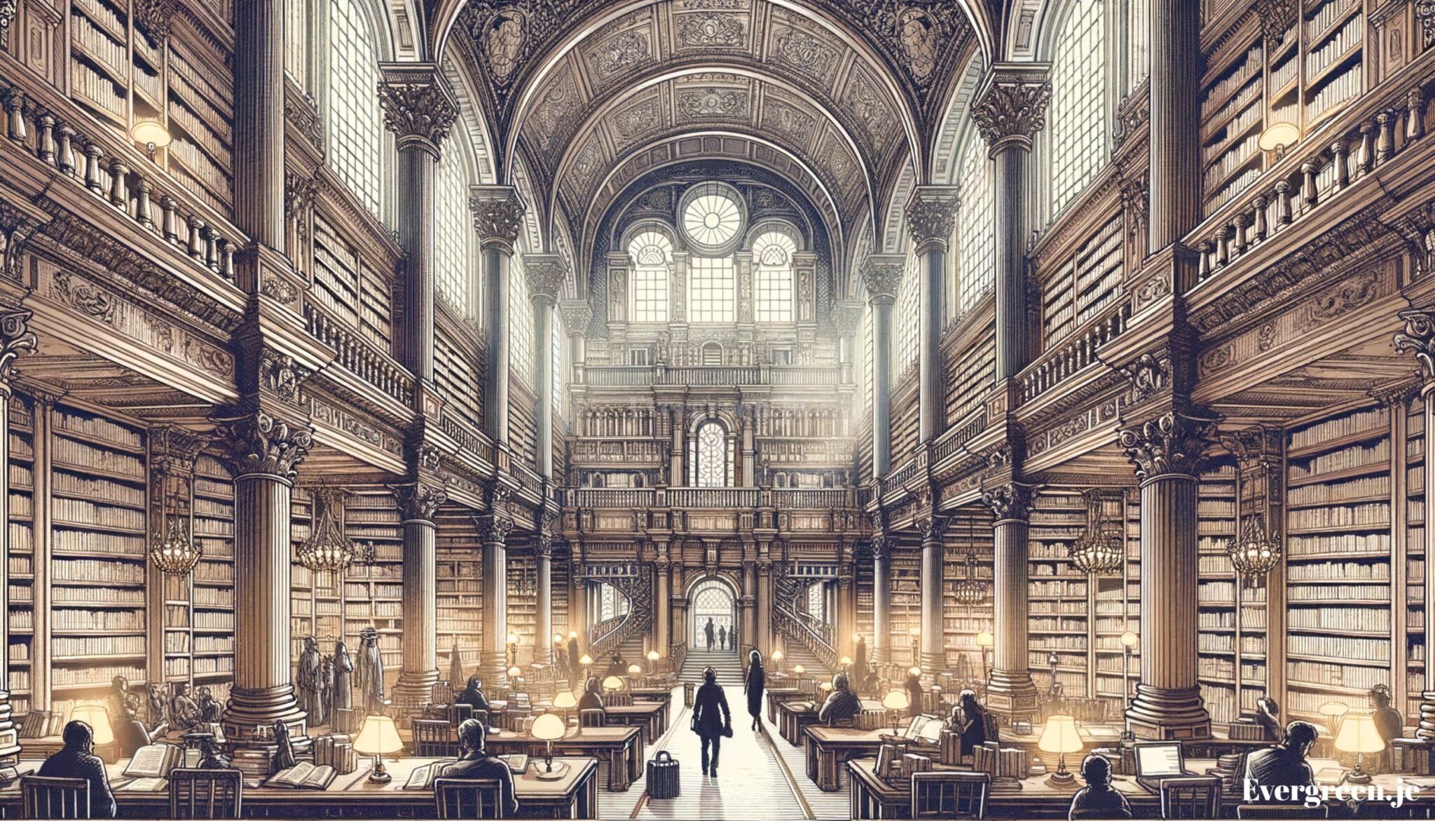 Freedom of knowledge with open source software and privacy respecting services hand drawn illustration in a 16 9 aspect ratio that is inspired by the worlds most magnificent libraries